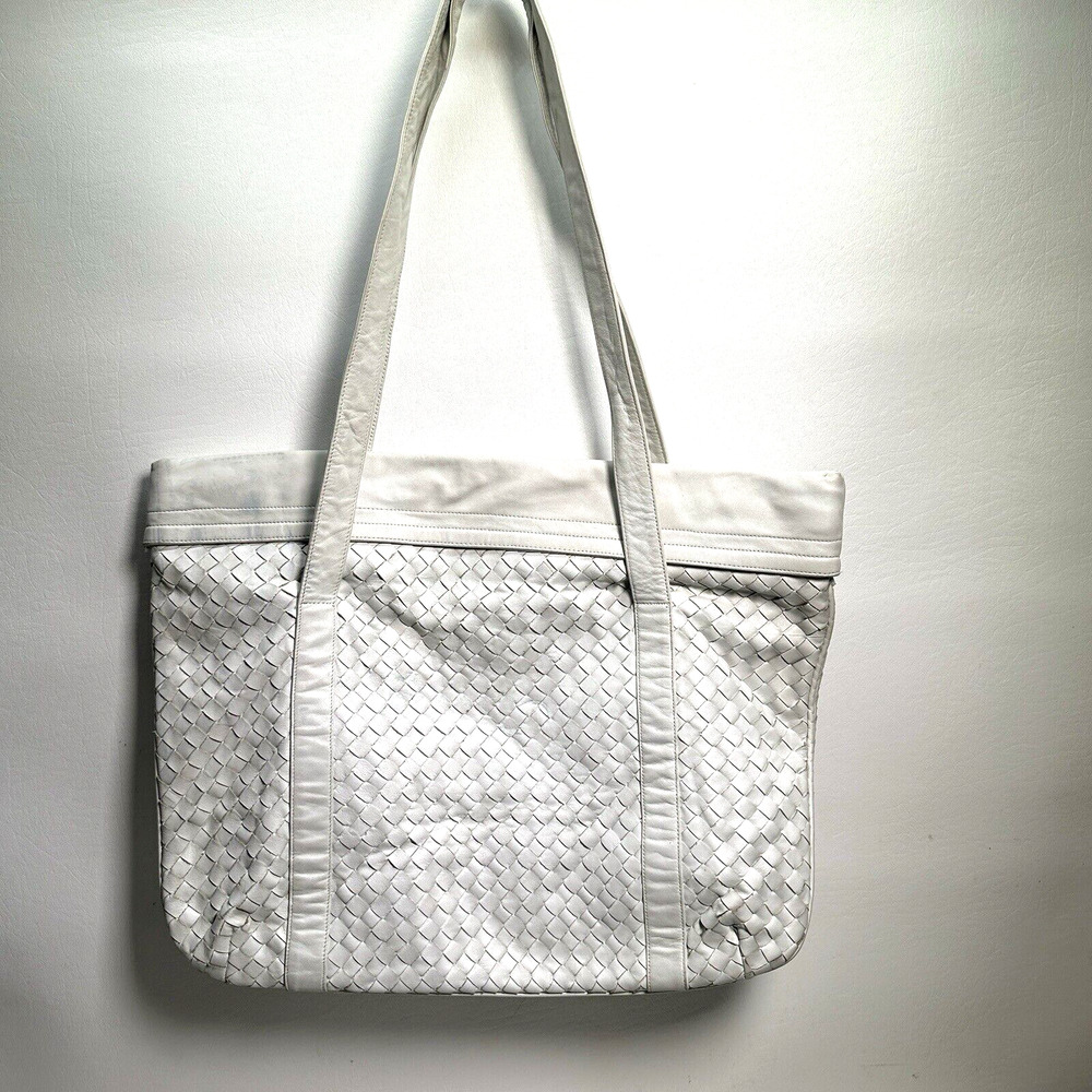 Vtg Morris Moskowitz Tote Handbag White Leather Weave Lined Purse Shoulder Bag